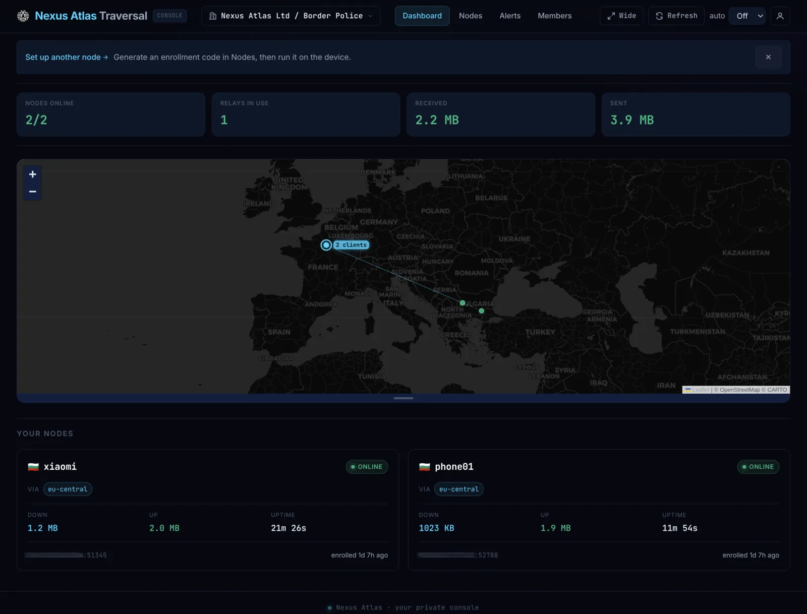 Fleet at a glance — Nodes online, relays in use and live positions on the map — per-node traffic and uptime below.