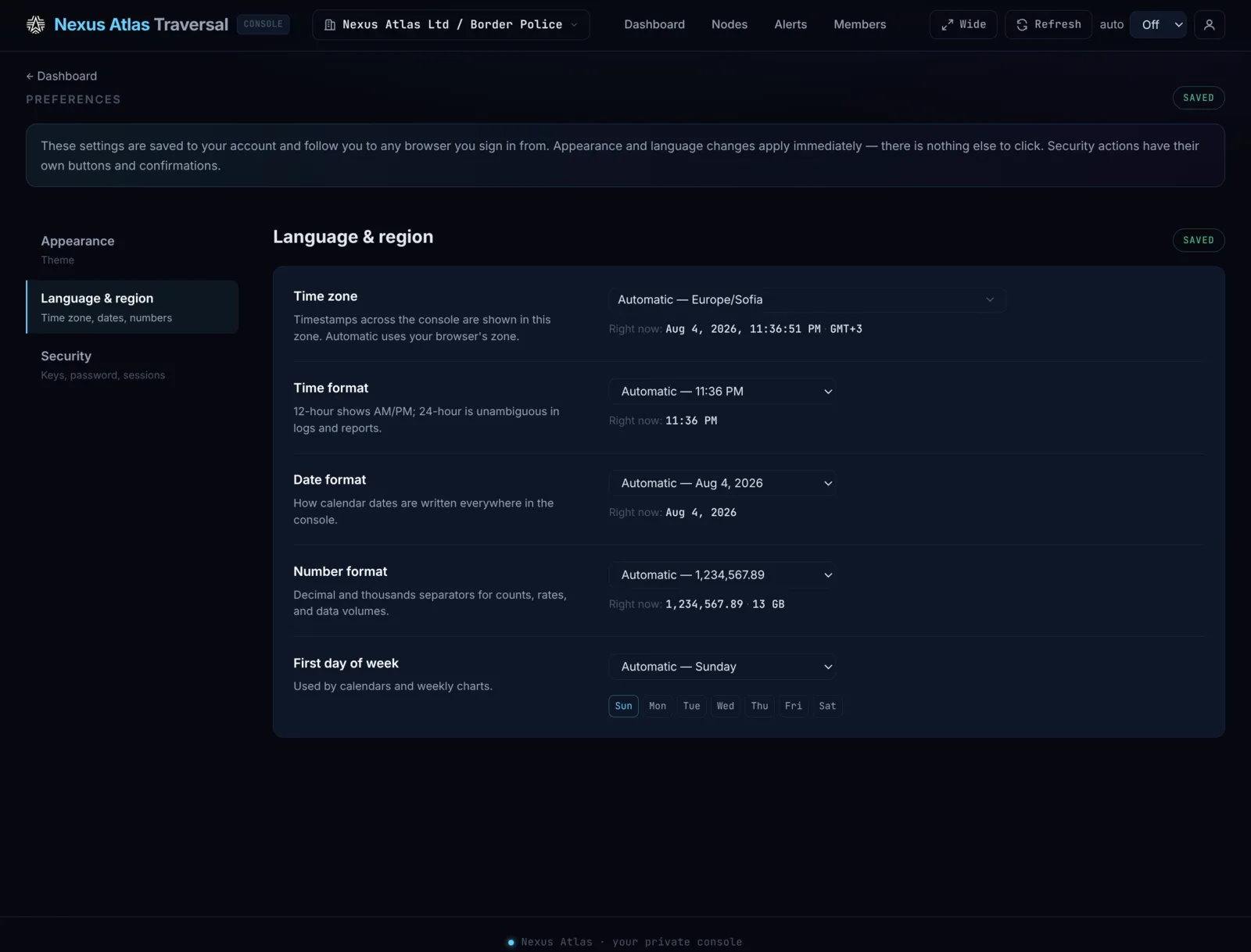Made yours — Theme, time zone and formats saved to your account — identical on every browser you sign in from.